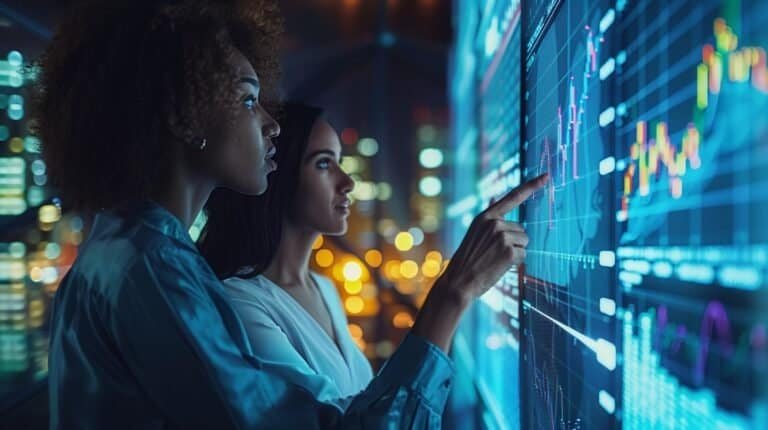 Two women analyzing financial data on a digital screen at night.